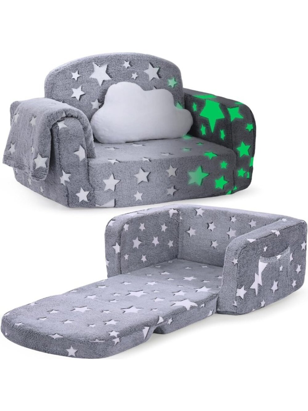 Cozy 2-in-1 Toddler Couch & Chair, Fold-Out with Blanket & Cloud Pillow, Glow in
